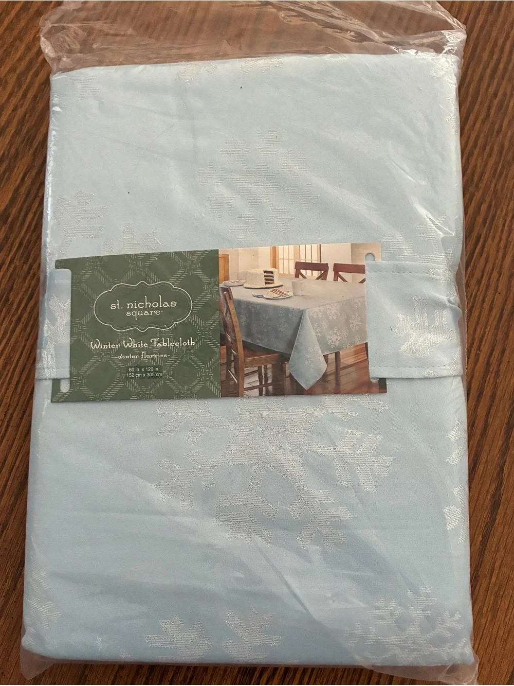 St. Nicholas Light Blue Winter Snowflake Tablecloth Rectangle 60 in x 120 in